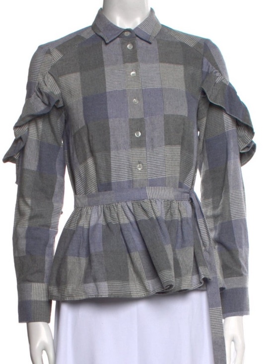 Sea New York Tops - Sea New York Plaid Ruffle Peplum Button-Up Top 100% Cotton Grey XS